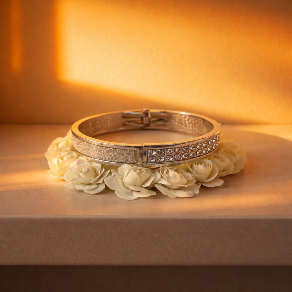 Silver Toned Hinged Cubic Zirconia Bracelet